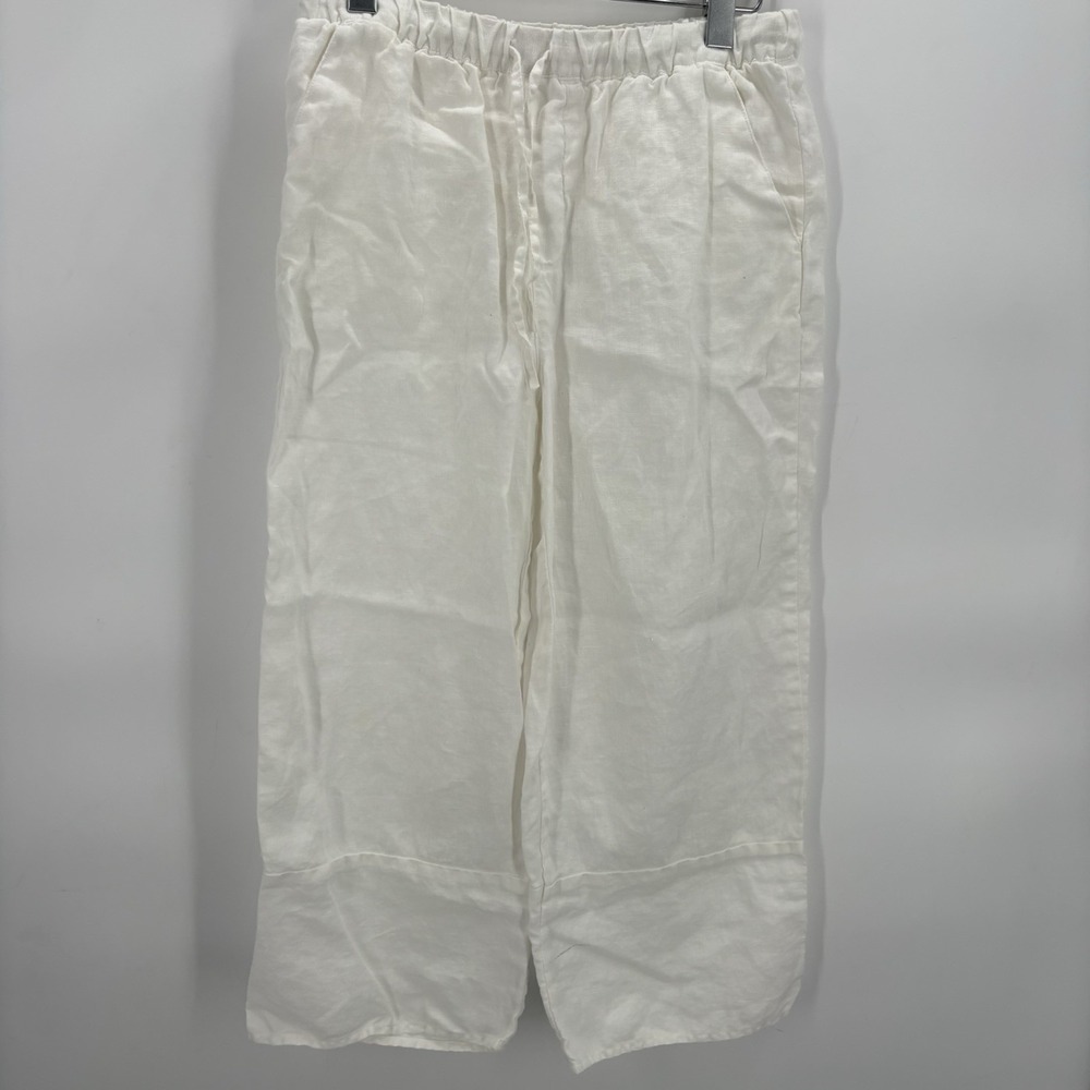 Garnet Hill Pants White Pockets Tie Waist Cropped/Cuffed‎ 100% Linen Size 4 28"